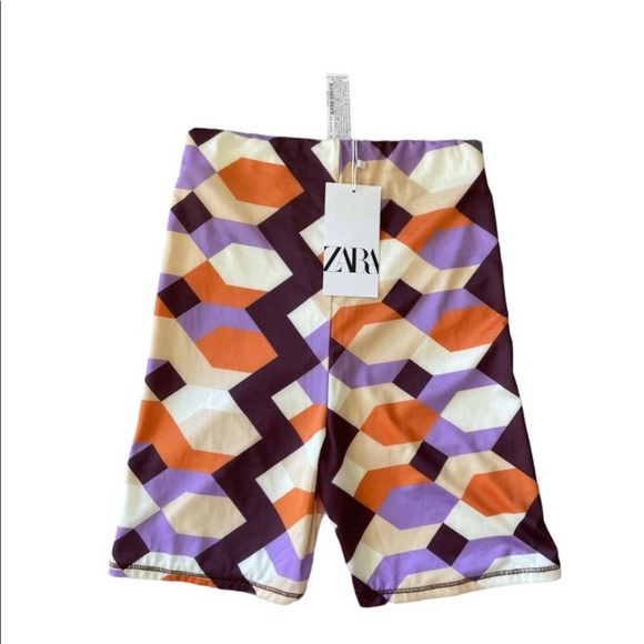 NWT Zara Biker Shorts Athletic Purple Orange Tan Geometric Print Size S - Picture 3 of 6